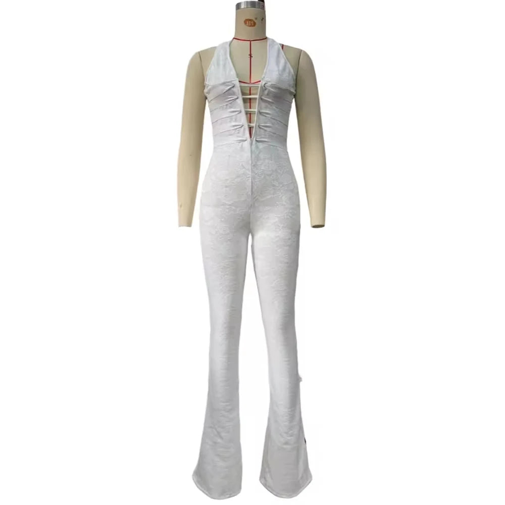 Weird Puss Hollow Bandage Jumpsuits Women Halter Sexy Jacquard Backless Sleeveless Skinny Street Workout Club Hipster Overalls