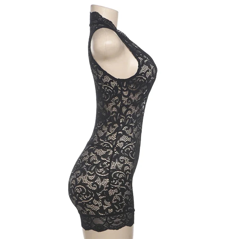 HLJ&GG Sexy Lace Perspective Hollow Out Bodycon One Pieces Rompers Womens V Neck Sleeveless Slim Jumpsuits Female Playsuits 2024