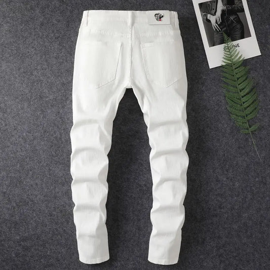 2024 spring and summer hot selling men's white distressed hot drilling jeans slim fit stylish American high street trendy jeans