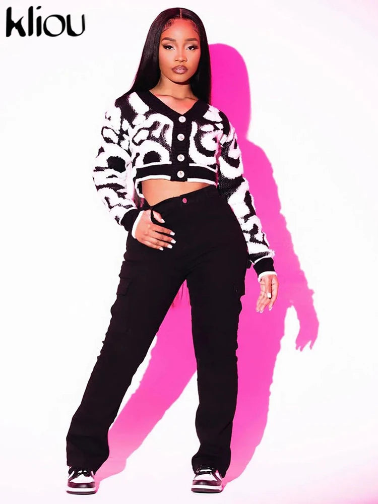 Kliou Knit Coats ladies Autumn New Full Sleeve Breasted Buttons V-neck Ruched Sweather Outwear Bare Midriff Street Tops