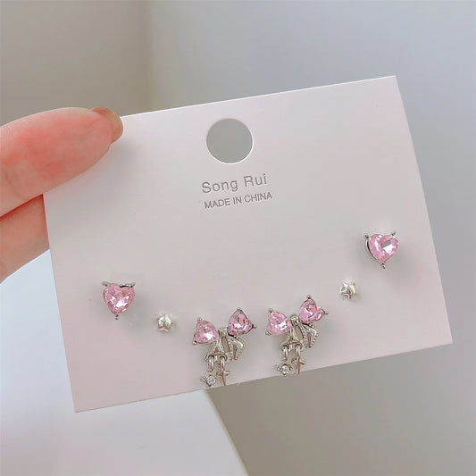 17KM INS Y2K Pink Heart Stud Earrings for Women Girls Korean Bow Dangle Earring Set Sweet Crystal Drop Earring Fashion Jewelry