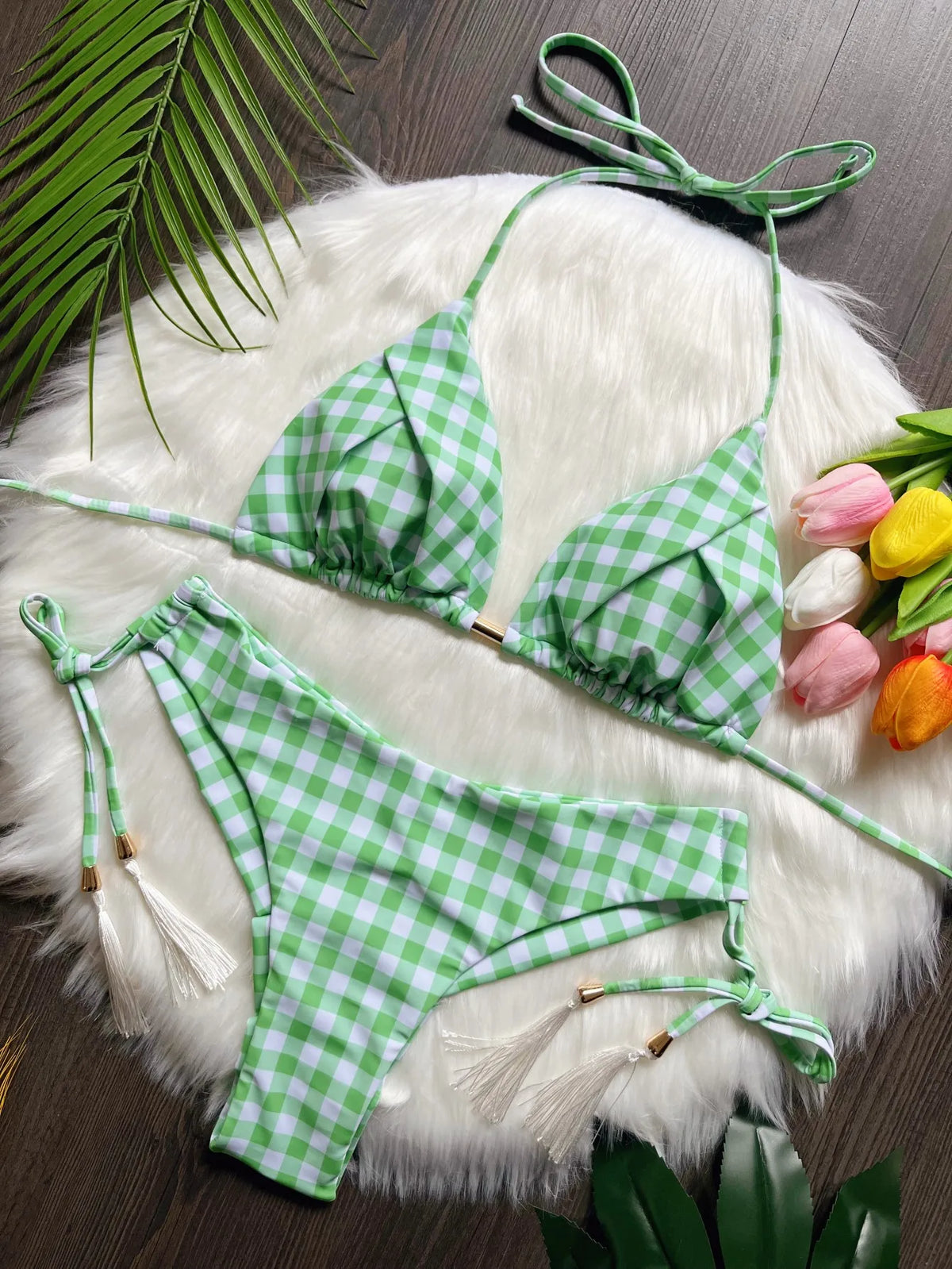 RUOTONSEPT Sexy Lattice Print Bandage Bikini Set Women's Swimsuit Two-piece Triangle Swimwear Bathing Suit Brazilian Biquini New