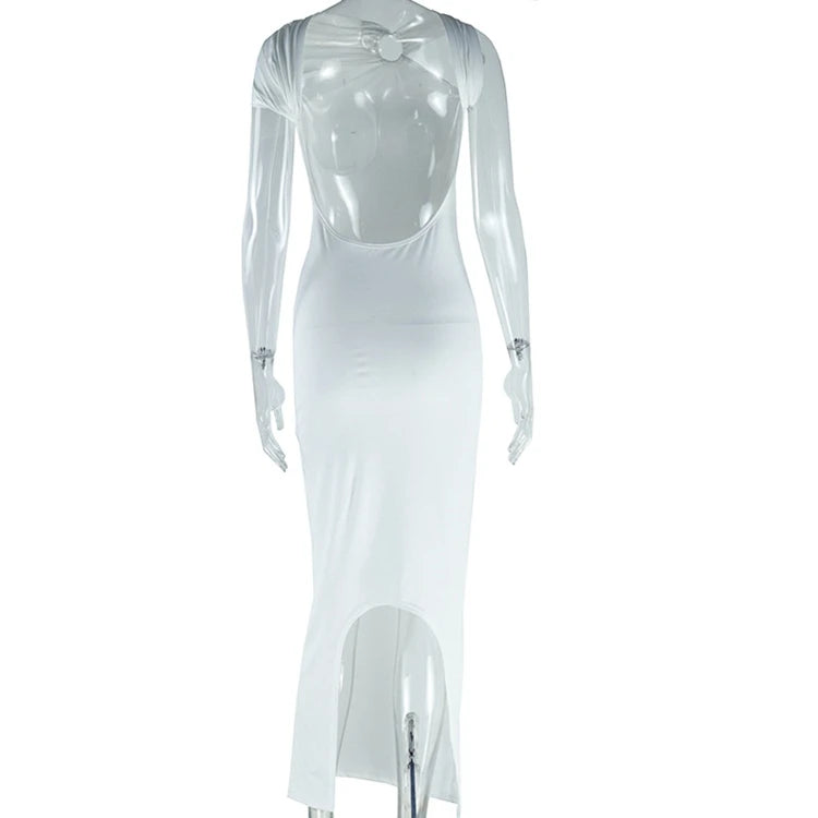 STYLISH LADY White Backless Maxi Dress 2025 Summer Women Halter Bodycon Solid Sexy Club Party High Spit Asymmetrical Long Dress