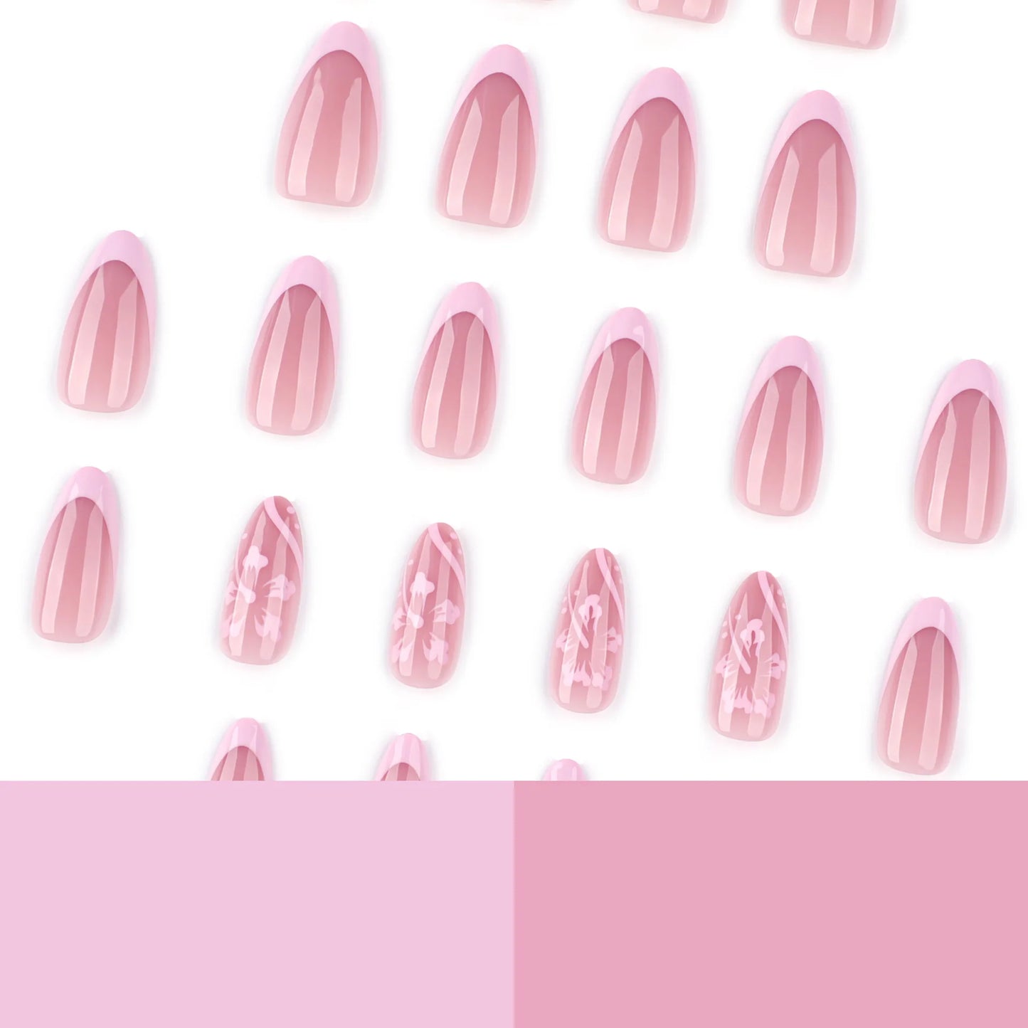 24pcs Petal Print Press on Nail Pink French Almond False Nails Wearable Detachable Ins Simple Fake Nails for Women Girls