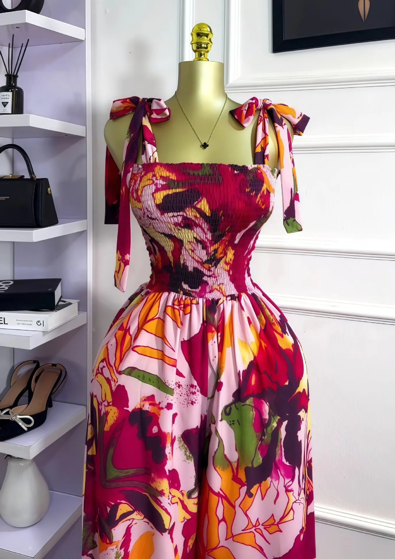 CM.YAYA Leaf Printed Women Bowknot Shoulder Sleeveless Jumpsuits 2025 Summer Beach Boho Holiday Outfits One Piece Suit Romper