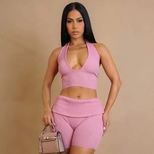 STYLISH LADY Printed Ribbed 2 Piece Set Women Halter Backless Crop Top and Shorts Suits 2025 Summer Sexy Club Party Outfits