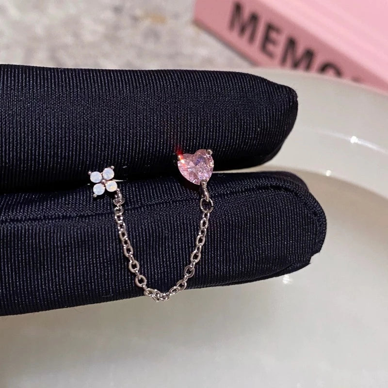1PCS Pink Love Heart Chain Double Ear Hole 316L Stainless Steel Ear Bone Nail Y2K Fashion Hottie Earrings for Women Jewelry