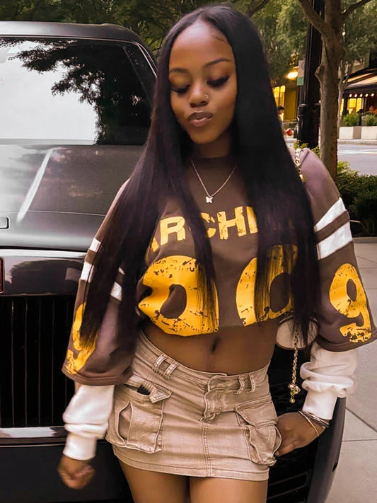 Weird Puss Fake Two Piece Pullover Women Trend Contrast Number Print Patchwork Long Sleeve Autumn Casual Simple Streetwear Tops