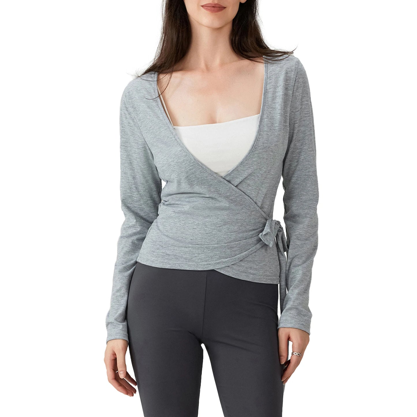 Women Yoga Wrap Tie Tops Y2k Solid Long Sleeve Slim Fit Crop Tops Ballet Workout Yoga T-Shirts Tees Coquette Sweet Chic Tops