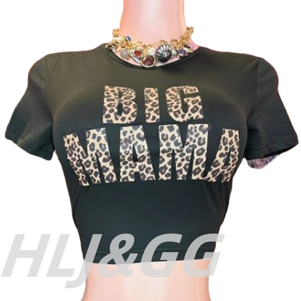 HLJ&GG Fashion Y2K Sequin Leopard Shorts Two Piece Sets Women Round Neck Short Sleeve Slim Crop Top And Shorts Outfit Streetwear