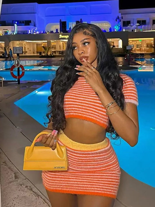 Weird Puss Crochet Stripe 2 Piece Set Women o-Neck Short Sleeve Crop Tops+Contrast Skinny Skirts Hottie Vacation Casual Outfits