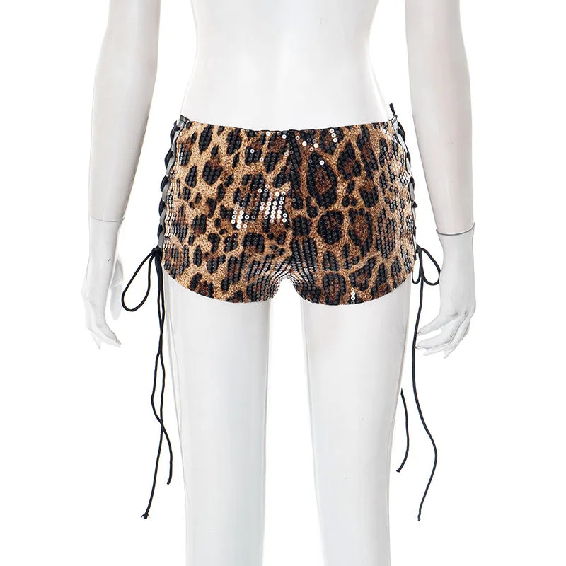 HLJ&GG Y2K Fashion Cherry Tshirts Two Piece Sets Women O Neck Short Sleeve Slim Crop Top + Bandage Sequin Leopard Shorts Outfits