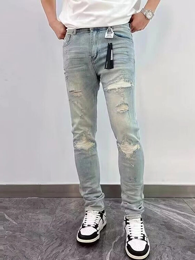 2025 Spring New Ripped Hole Denim Man's Pants Washing Light Blue Hip Hop Slim Fit Men's Trousers High Street Blue beggar Jeans