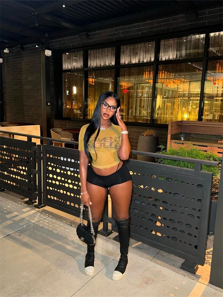STYLISH LADY Letter Printed Mesh T Shirts 2025 Summer Women Short Sleeve O Neck See Through Sexy Club Party Street Tops Tees