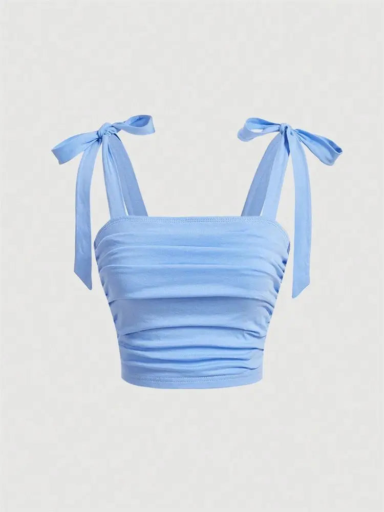 Pink Ruched Tie-Shoulder Crop Top