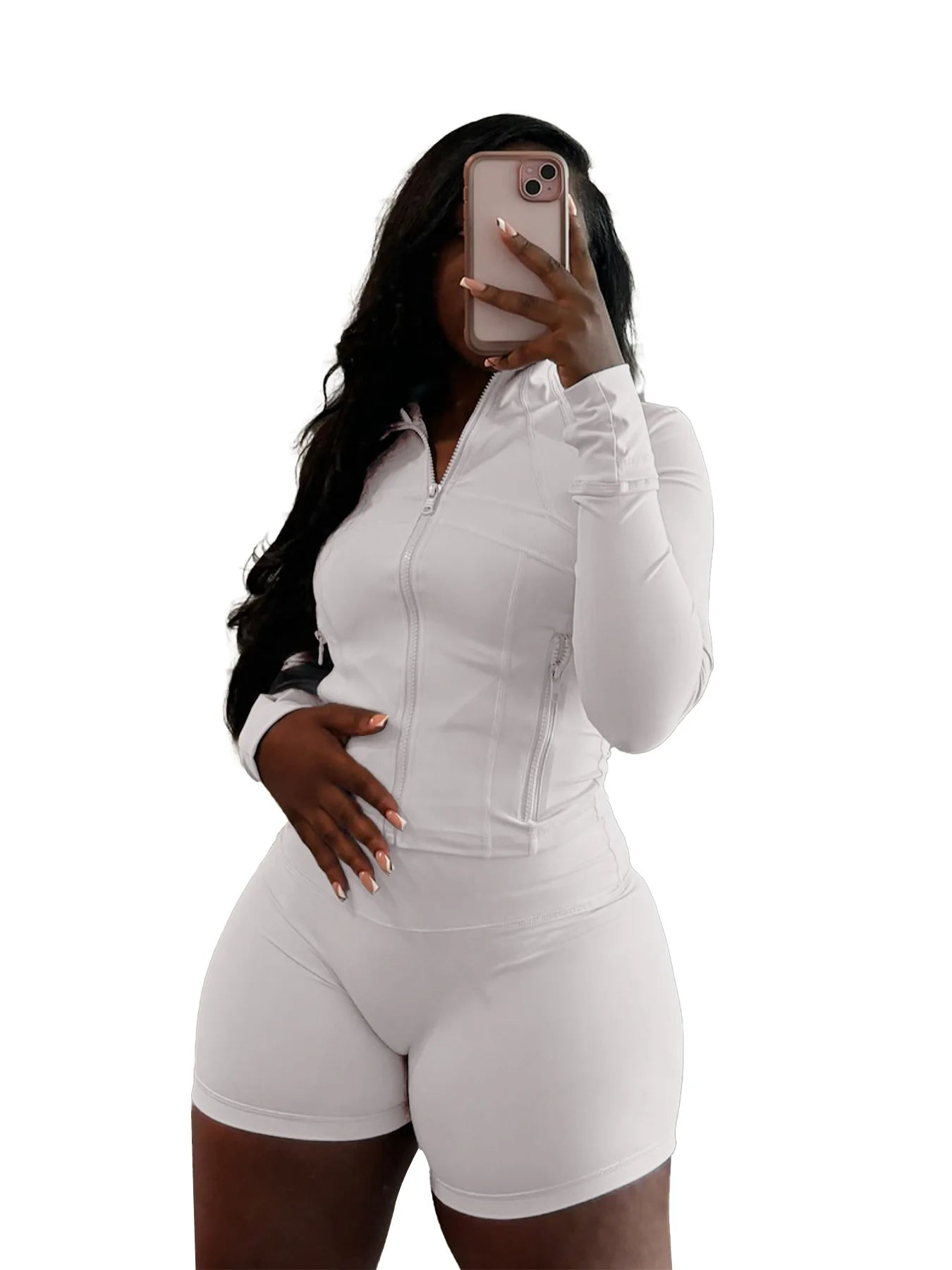 HLJ&GG Casual Sporty Skinny Shorts Two Piece Sets Women Zip Long Sleeve Slim Top + Shorts Outfits Summer New Stretchy Tracksuits