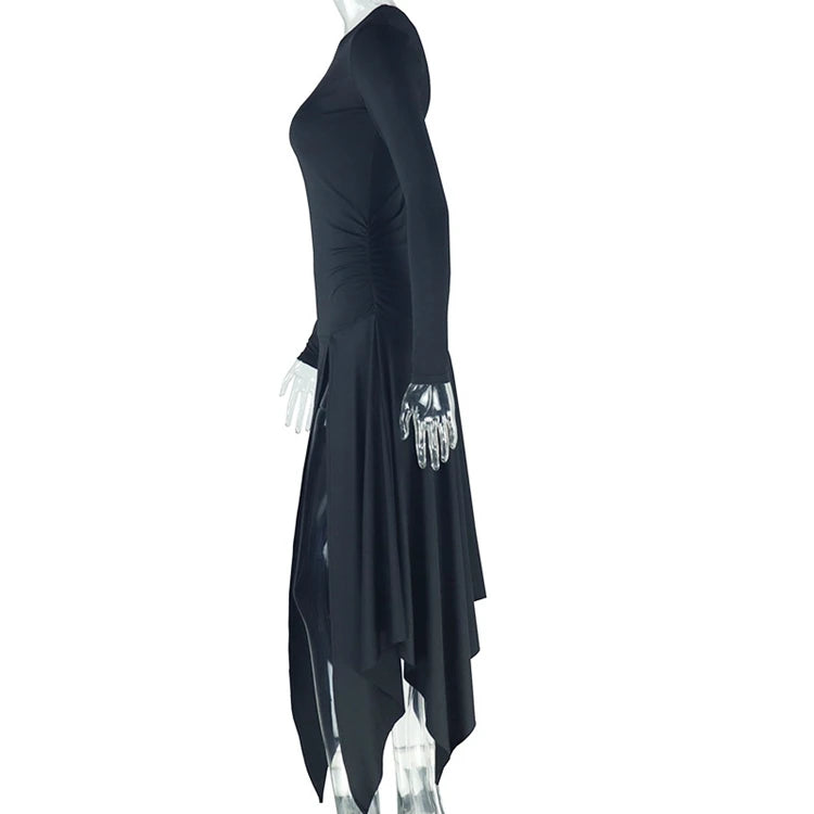 STYLISH LADY One Shoulder High Split Dress 2025 Autumn Women Long Sleeve Slash Neck Asymmetrical Pleated Midi Vestidos De Festa