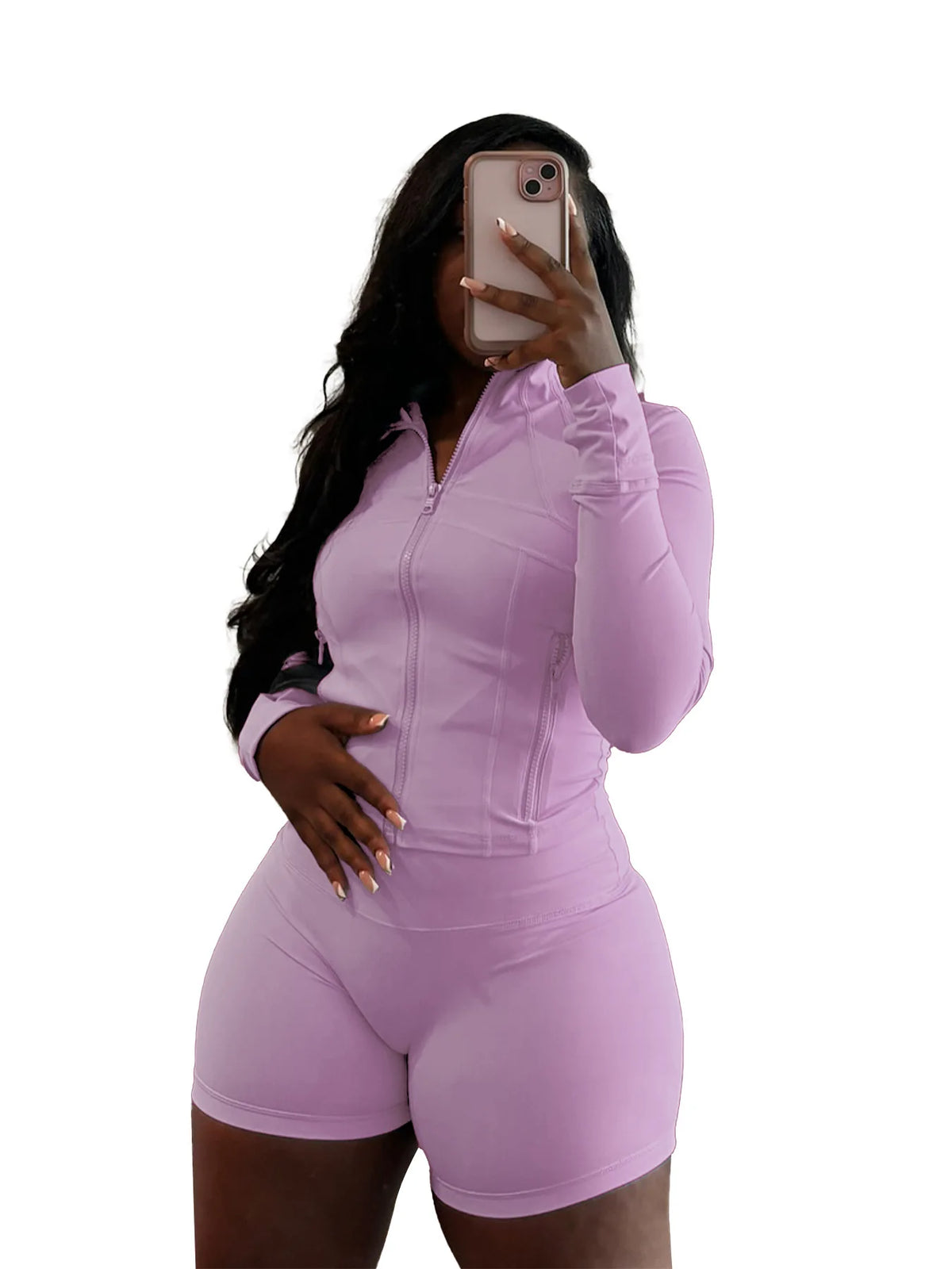 HLJ&GG Casual Sporty Skinny Shorts Two Piece Sets Women Zip Long Sleeve Slim Top + Shorts Outfits Summer New Stretchy Tracksuits