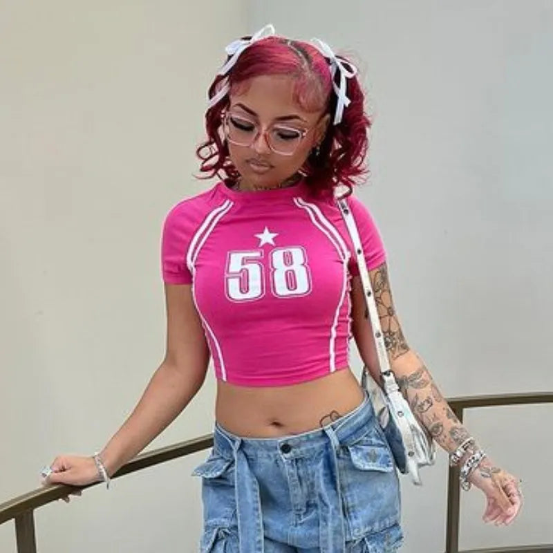 Harajuku Women's Summer Kawaii T-shirt Short Sleeve Slim Streetwear Funny Star Letter Print Gothic Top T-shirt E-girl Crop Top