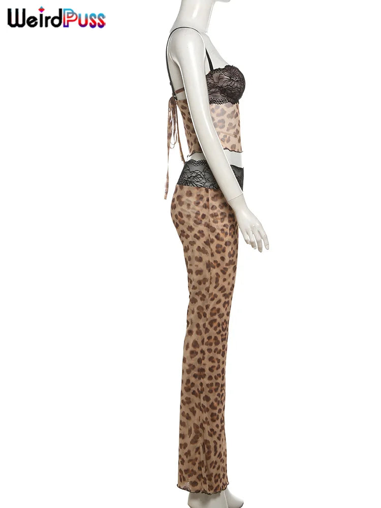 Weird Puss Mesh Patchwork 2 Piece Set Women Sexy Cleavage Sleeveless Crop Tops+Leopard Print Skinny Pants Street Wild Trend Suit