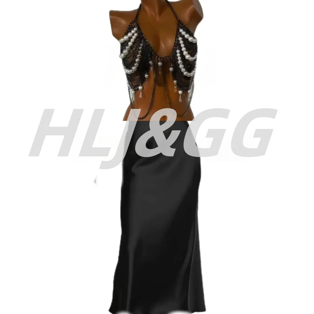 HLJ&GG Sexy Rhinestone Beads Halter Hollow Two Piece Sets Women Sleeveless Backless Top + Satin Skinny Skirts Outfits Streetwear