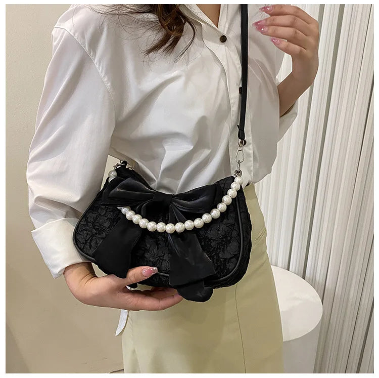 Pearl Female Bag Retro Luxury Designer Handbag Bow Crossbody Bags Fashion Canvas Women's 2023 Trend Shoulder bag Purses