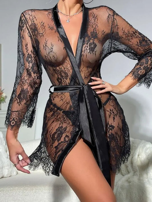 Sexy Temptation Sleepwear Lace Sleepwear Home Clothes Sleeprobe dress elegant mesh lace thin transparent sweet mini dress GX4Z