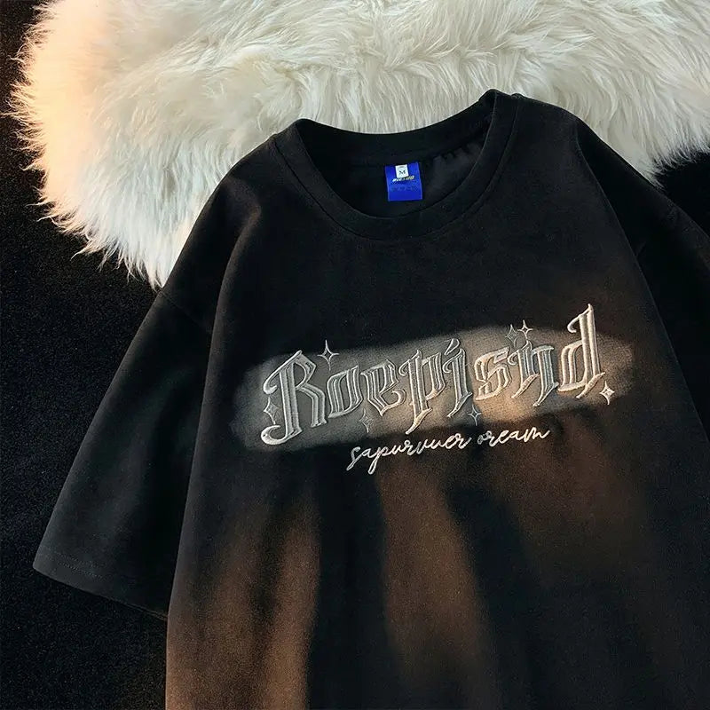 Hip hop retro high street men and women trend personality letter round neck short sleeved couple loose Harajuku suede T-shirt