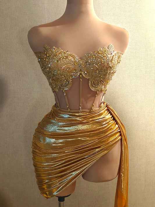 Women Glitter dress Sets, Sexy Strapless Sequins Rhinestone Luxury Gold Dress Design 2024 Stage Show Outfit