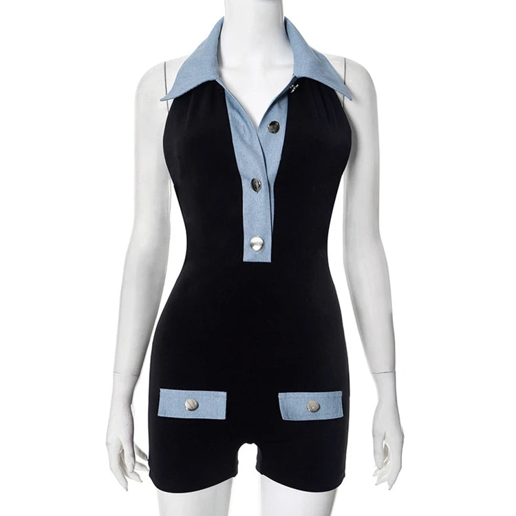STYLISH LADY Contrast Color Playsuits 2025 Summer Women Turn Down Collar Backless Bodycon Sexy Club Party Street Rompers