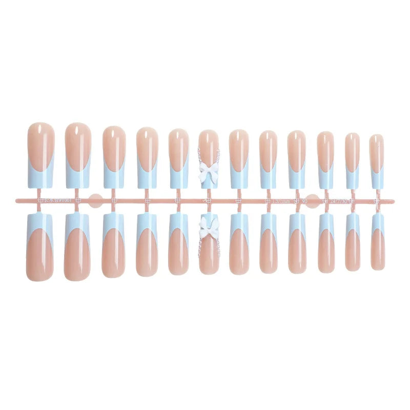 24pcs Blue French False Nails with White Bow Pearl Design Sweet Fake Nail Tips Wearable Detchable Long Ballet Press on Nails
