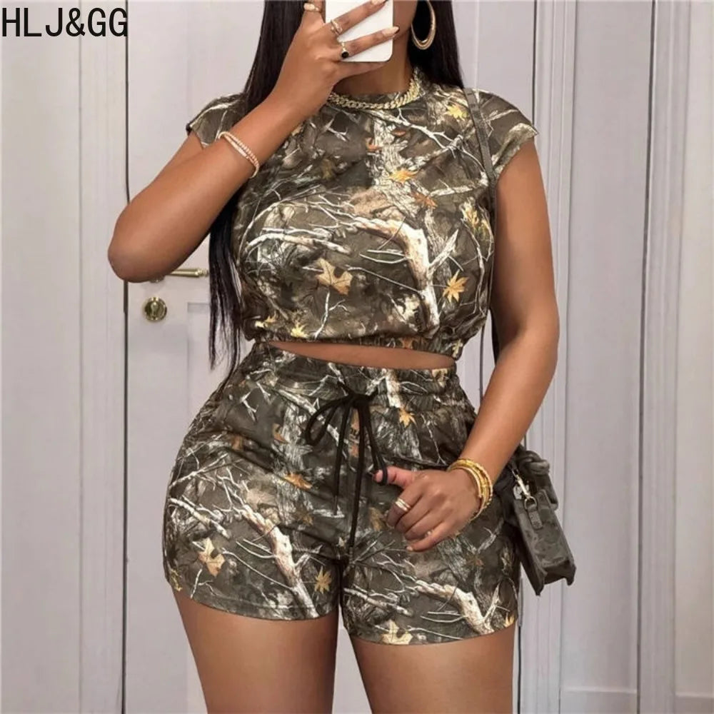 HLJ&GG Summer New Printing Drawstring Shorts Two Piece Sets Women Round Neck Short Sleeve Crop Top And Shorts Outfits Streetwear