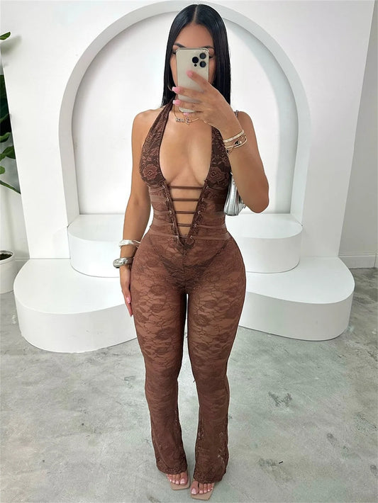 Weird Puss Hollow Bandage Jumpsuits Women Halter Sexy Jacquard Backless Sleeveless Skinny Street Workout Club Hipster Overalls
