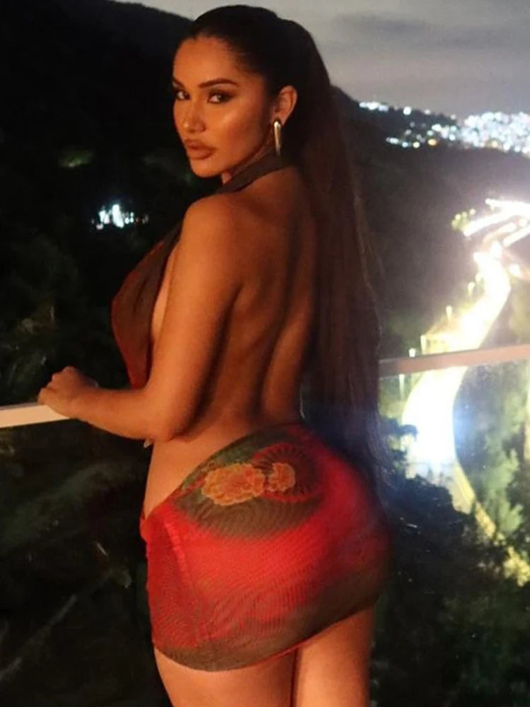 Weird Puss Sexy Mesh WOMEN Dress Backless Halter Deep V Neck Skinny Waistless Coquette Hot Girl Swim Party Midnight Clubwear