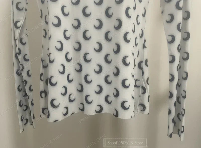 Moon Printed Tshirt Graphic Top for Women Stretchy Slim Korean Fall Spring Long Sleeve Tees Y2k Grunge T-Shirt 2000s Clothes