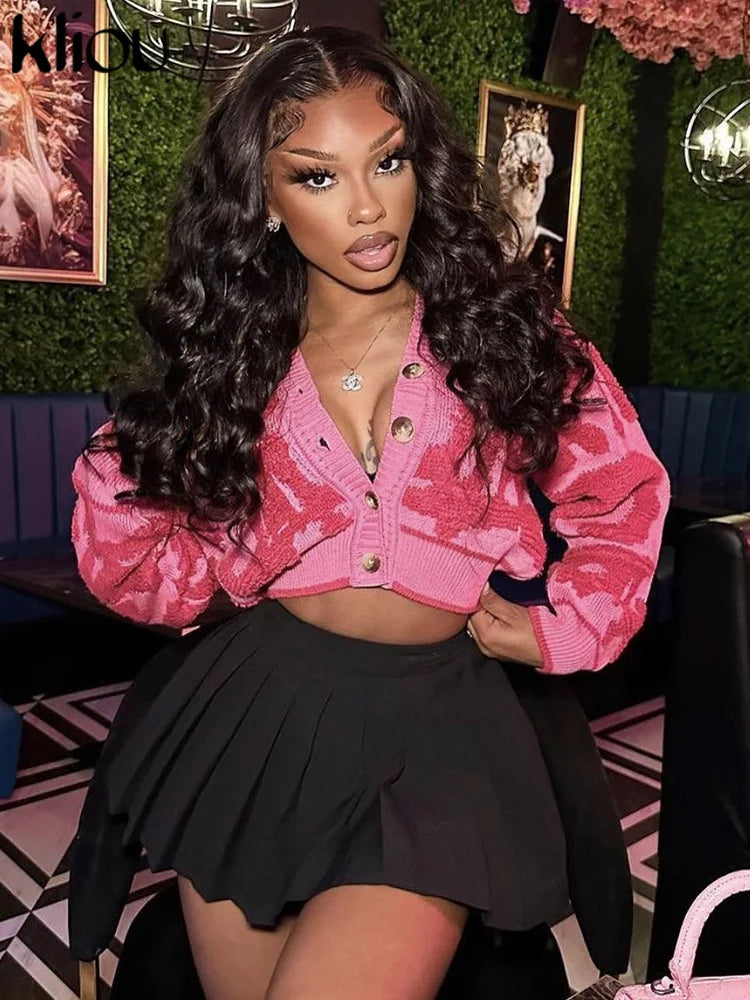 Kliou Knit Coats ladies Autumn New Full Sleeve Breasted Buttons V-neck Ruched Sweather Outwear Bare Midriff Street Tops