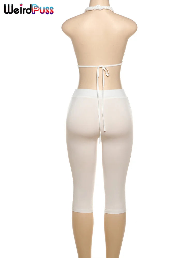 Weird Puss Sexy Women 2 Piece Set Summer Trend Mesh Thin Whip Halter Tank Tops+Wide Waist Shorts Matching Street Club Outfits