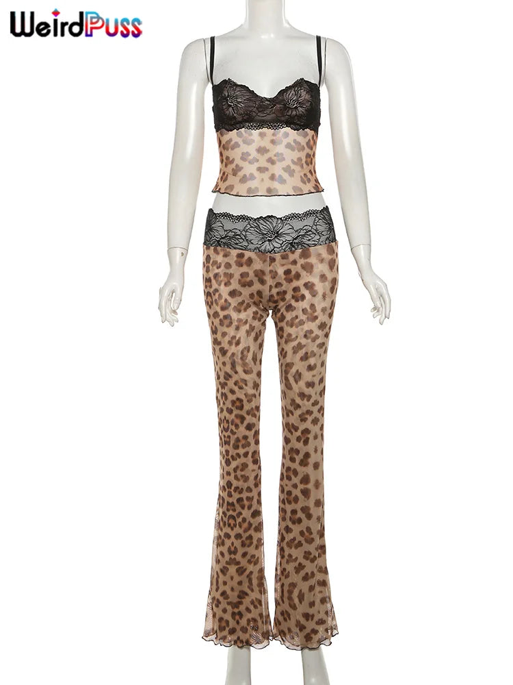 Weird Puss Mesh Patchwork 2 Piece Set Women Sexy Cleavage Sleeveless Crop Tops+Leopard Print Skinny Pants Street Wild Trend Suit