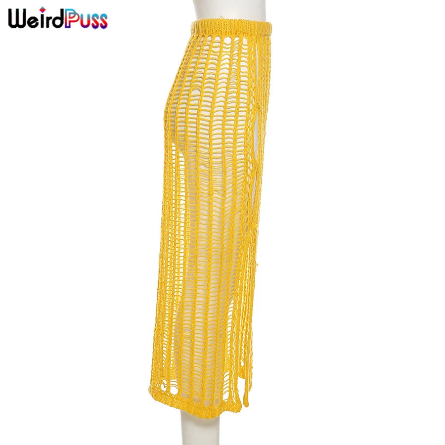 Weird Puss Summer Knit Sexy Long Skirt Women Crochet Elastic See-Through Hollow Out Grid Party Wild Streetwear Solid Bottoms
