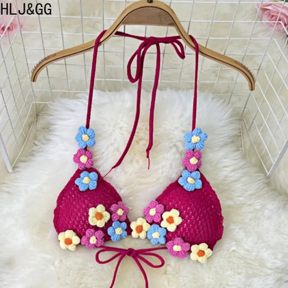 HLJ&GG Sweet Pastoral Fashion Knitting Little Flower Hollow Two Piece Sets Women Halter Lace Up Backless Bra And Shorts Outfits