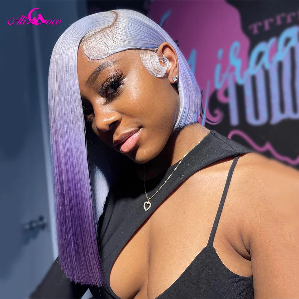 #T Grey Blue Purple Pink Colored Wigs Short Bob Wig 13x4 Lace Frontal Human Hair Wigs For Women Bob Brazilian Frontal Wigs