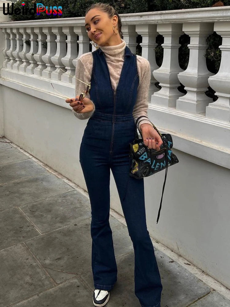 Weird Puss Cotton Elegant jeans Jumpsuit Women Sleeveless Zipper Fashion Hipster Casual High Street Wide Legs Activewear Outfits