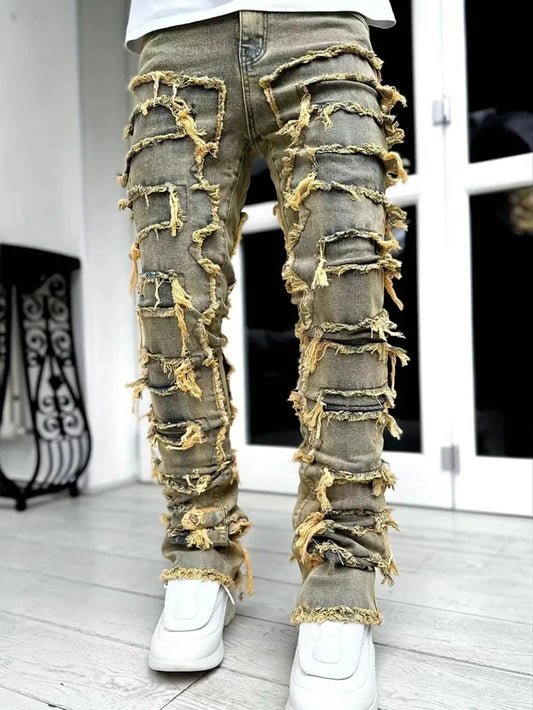 Casual Distressed Men's Jeans Tassels Patchwork Design Vintage Washed Stretch Denim Pants Straight Fashion Streetwear Trousers