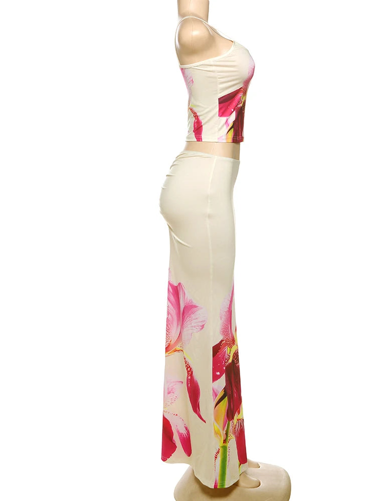 Weird Puss Flower Print 2 Piece Set Women Low-Neck Backless Crop Tops+Stretch Long Skirts Vacation Trend Beach Style Outfits