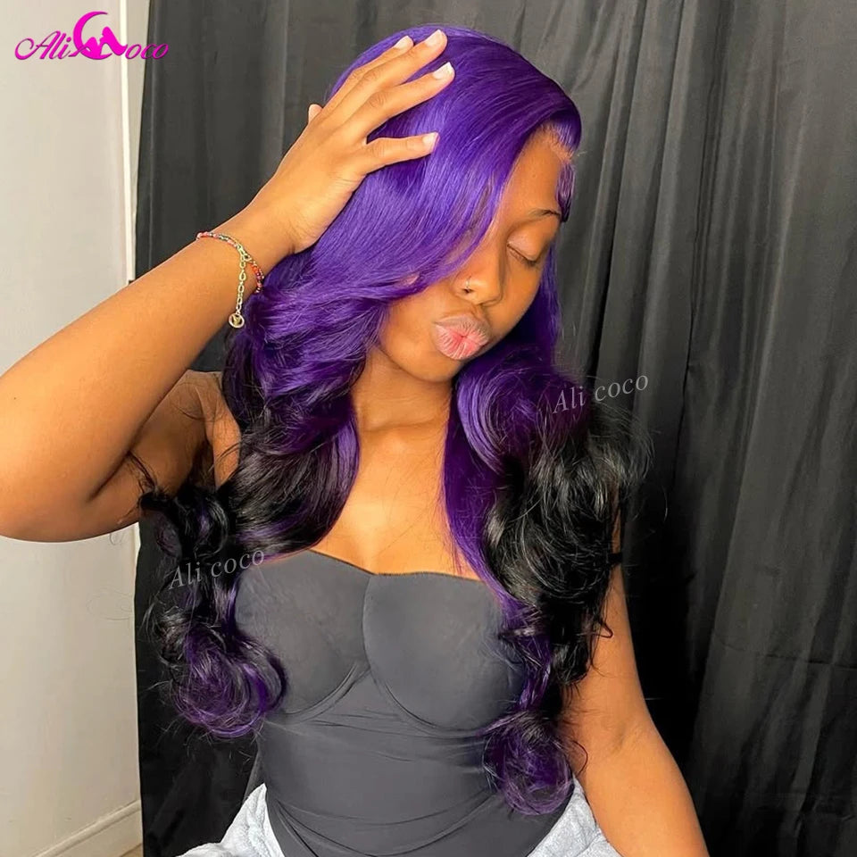Ombre Purple Black Body Wave 13x6 13x4 HD Transparent Lace Front Human Hair Wigs Purple Colored Human Hair Wigs For Women