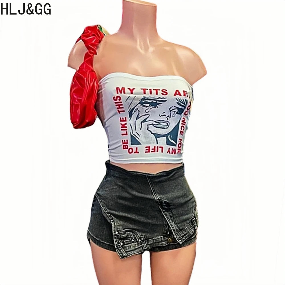 HLJ&GG Y2K Fashion Streetwear Sexy Hot Girl Printing Sleeveless Slim Vest And jeans Shorts Two Piece Sets Summer 2pcs Outfits