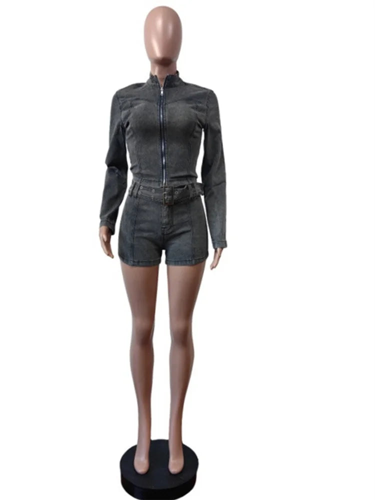 Weird Puss Distressed jeans 2 Piece Set Women Zipper Cardigan Full Sleeve Jacket+Sashes Patchwork Shorts Street Trend Chic Suits