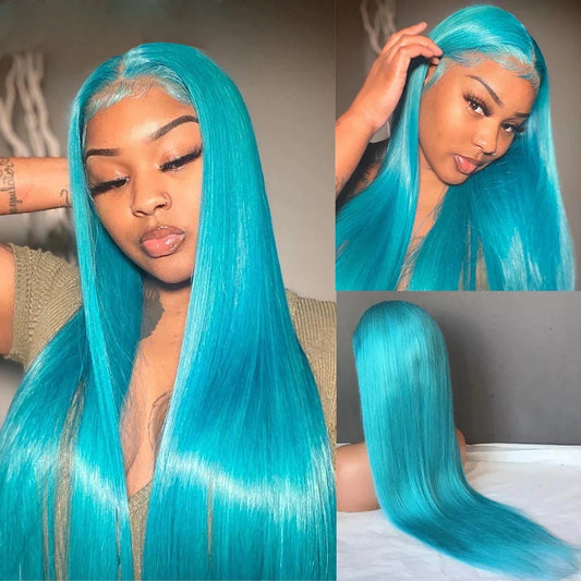 13x4 Frontal Transparent Lace Pre-Plucked Hairline Wigs Light Blue Straight Wigs High Density Brazilian Virgin Human Hair Wigs