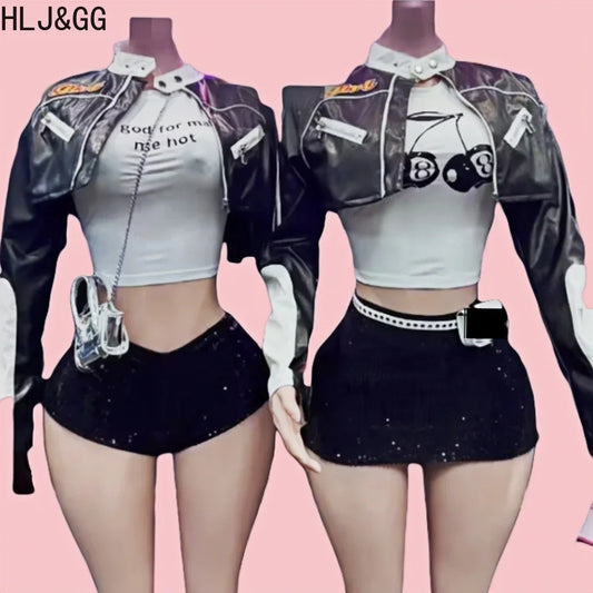 HLJ&GG Black Leather Jacket Fashion Streetwear Women Zip Long Sleeve Crop Top+Tshirts+Sequin Shorts 3 Piece Sets Female Clothing