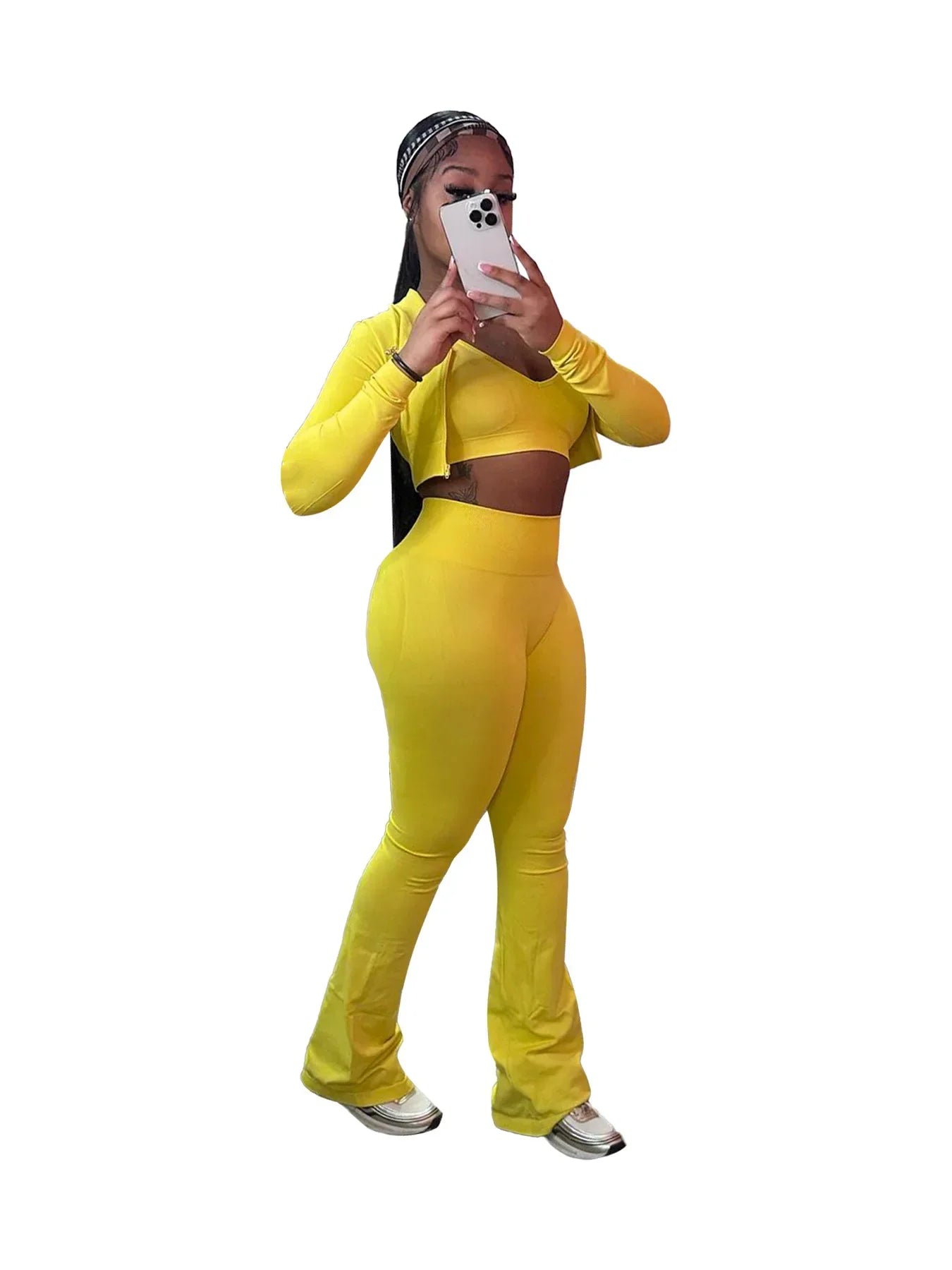 HLJ&GG Casual Solid Bodycon 3 Piece Sets Outfit Women Slim Crop Tops + High Waist Flare Pants Long Sleeves Coats Tracksuits 2024